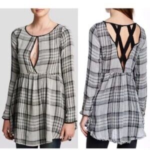 S Free People Swing Me Baby Tunic Blouse Dress Gray Plaid Boho Long Sleeve Pocke